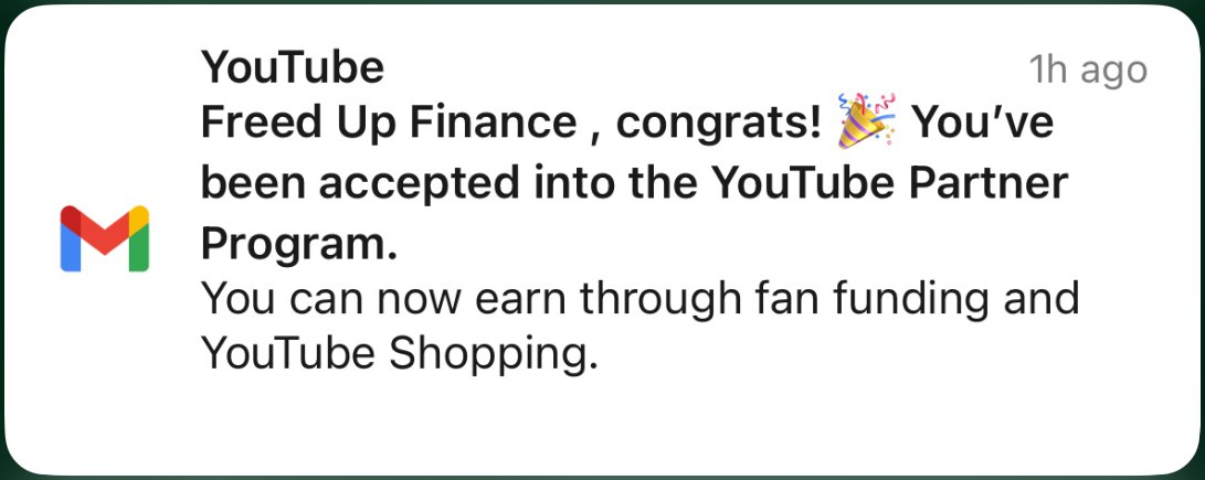 Freed Up Finance accepted into the YouTube Partner Program